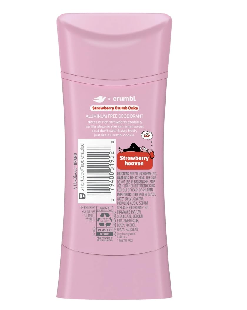 Dove x Crumbl 1 Pack Deodorant Stick Crumbl Strawberry Crumb Cake Aluminum Free, 2.6 oz