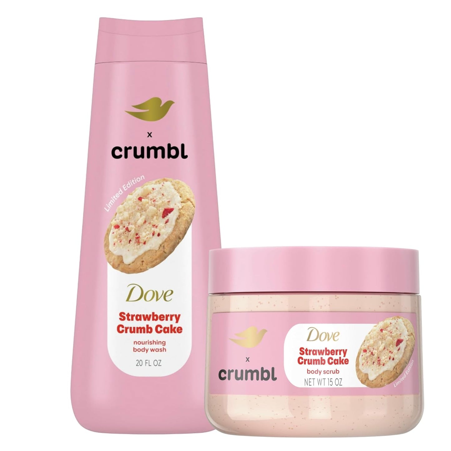 Dove Moisturizing Strawberry Crumb Cake Body Wash & Scrub Combo, 20oz Wash + 15oz Scrub, Limited Edition, Paraben & Sulfate Free, For Body, Improves Skin Texture, Moisturizes